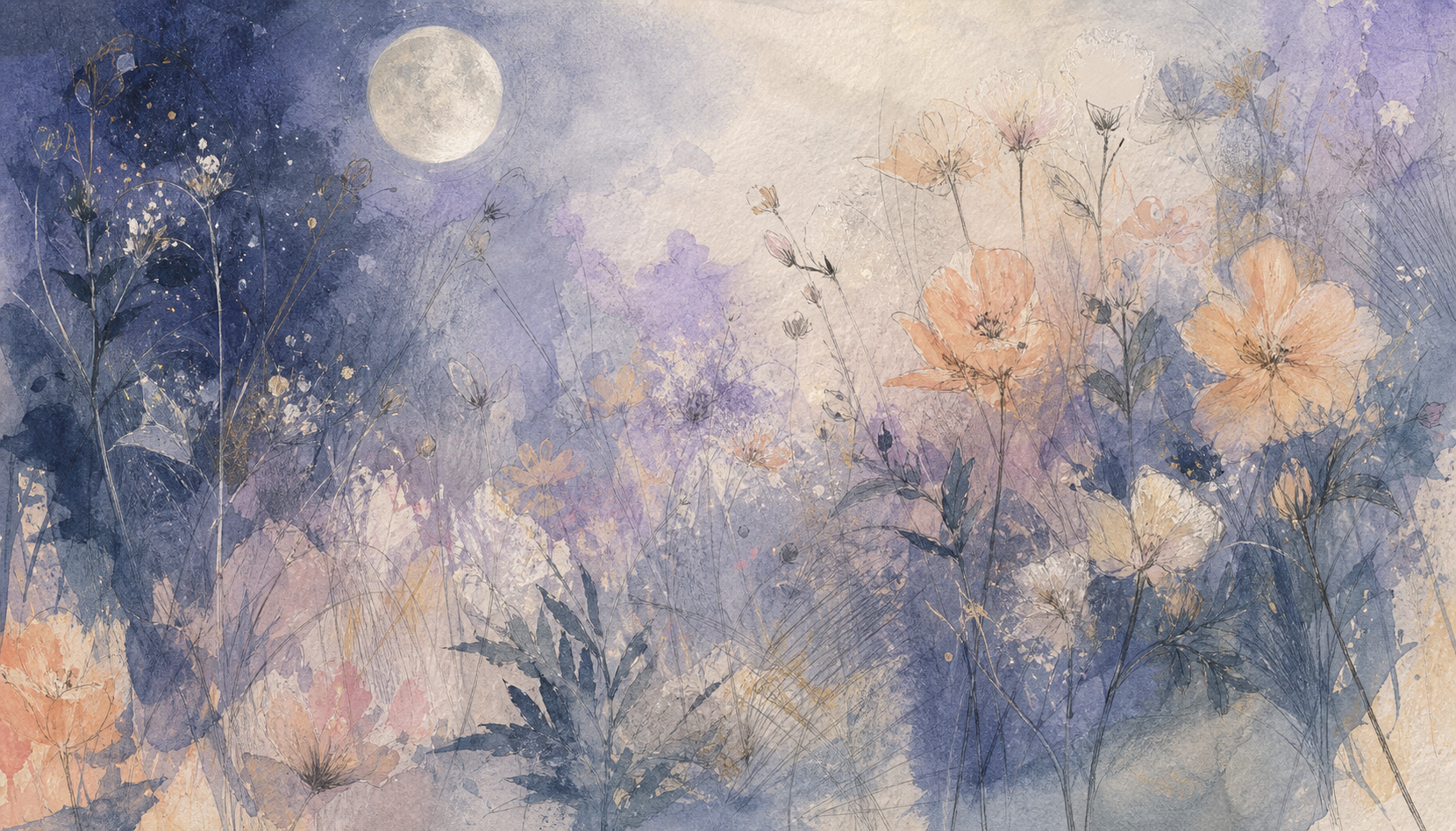 Moonlit garden mixed-media illustration