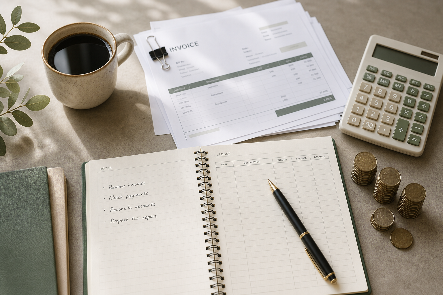 Ledger notebook and invoice flat lay